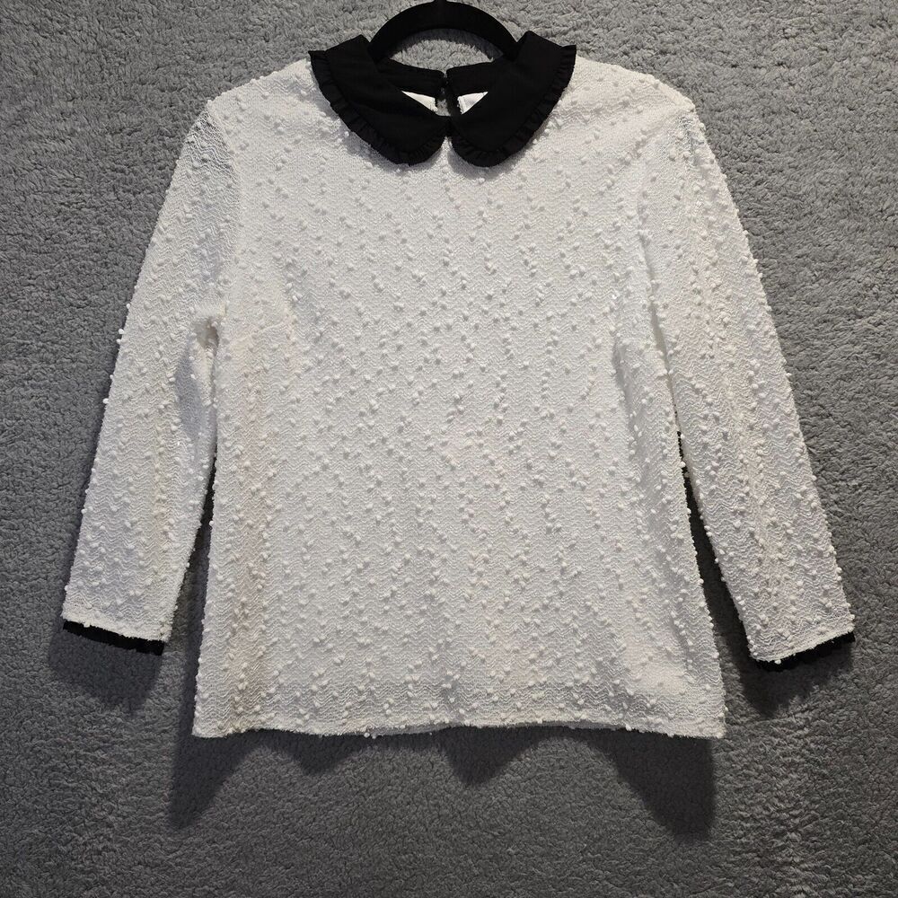 Elle Womens Top S White Black Collar‎ Popcorn Textured - Preppy Cosplay Academia